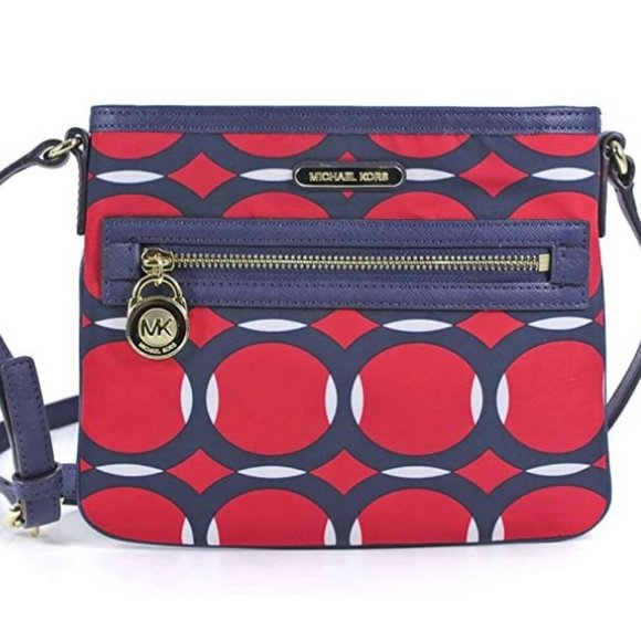 Michael Kors Mandarin Navy Deco Kempton Red Blue Zip Top Crossbody Bag - Picture 1 of 7